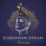 Gold Doberman silhouette rising from dreamer's head sketch symbolizing doberman dream meaning on deep indigo background.