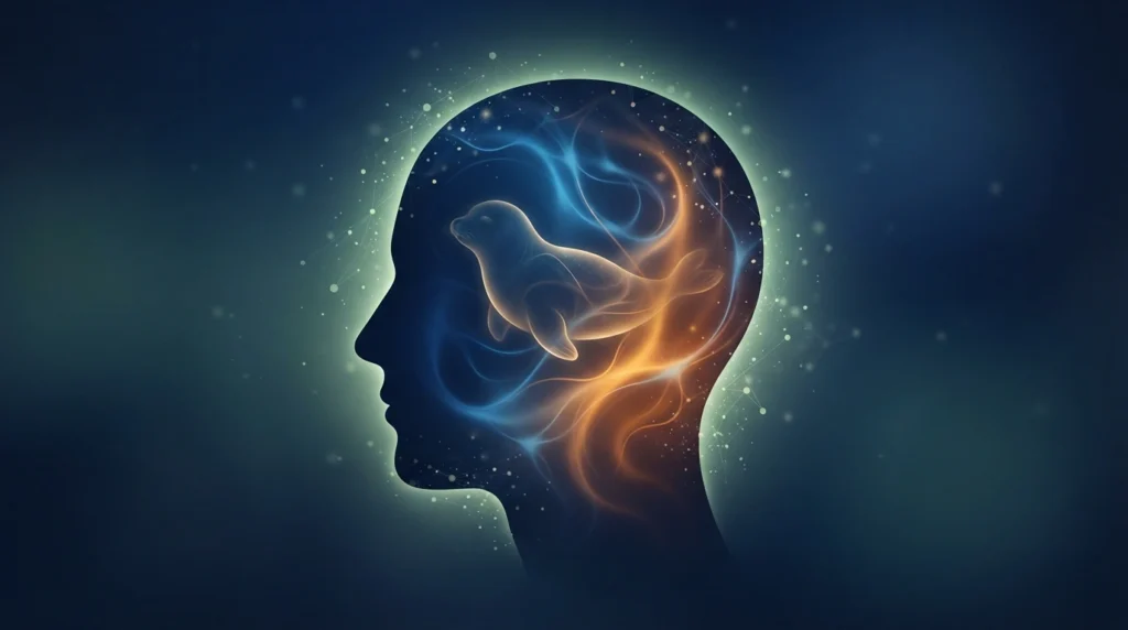 Brain silhouette illustrating REM sleep during baby seal dream