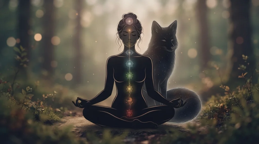 Black fox symbolism mapped across the body's chakra alignment points
