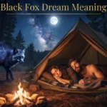Black fox dream meaning as a glowing fox emerges from pine forest beside a sleeping couple's wilderness campfire.