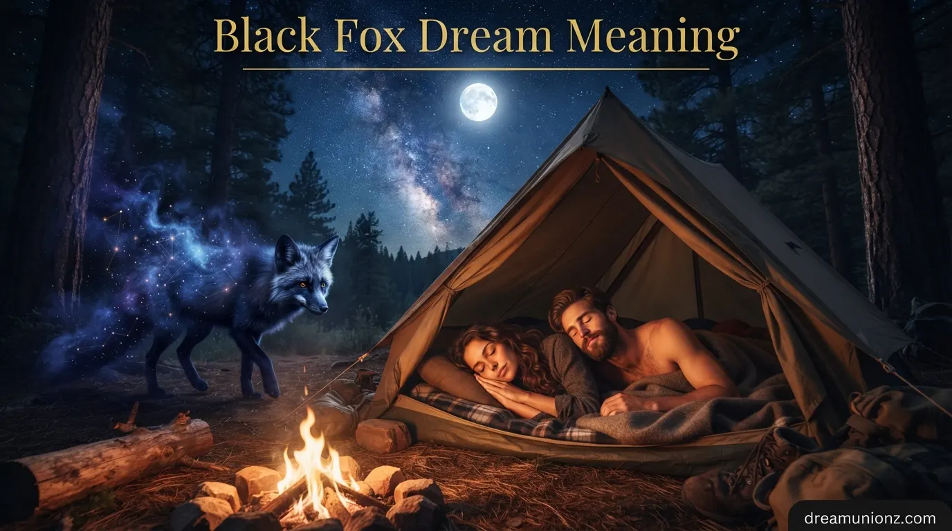 Black fox dream meaning as a glowing fox emerges from pine forest beside a sleeping couple's wilderness campfire.