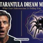 Shocked man beside a symbolic spider representing the psychological weight of black tarantula dream meaning.