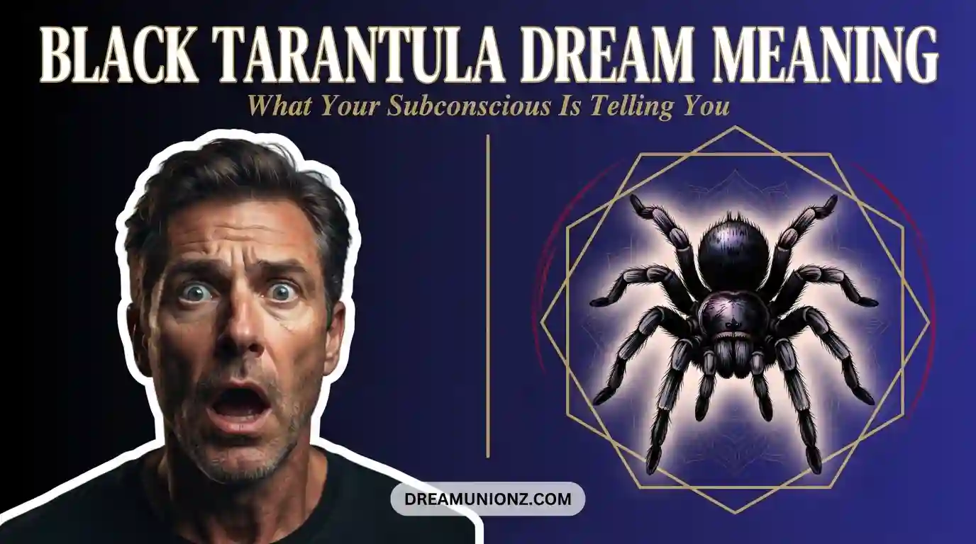 Shocked man beside a symbolic spider representing the psychological weight of black tarantula dream meaning.