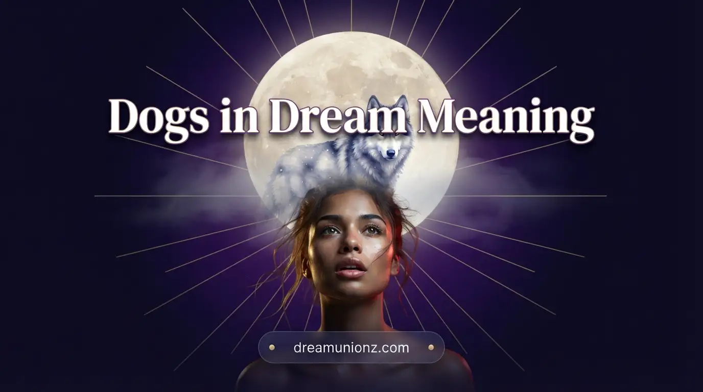 Awestruck woman beneath a glowing moon and wolf-dog double exposure capturing dogs in dream meaning spiritually.