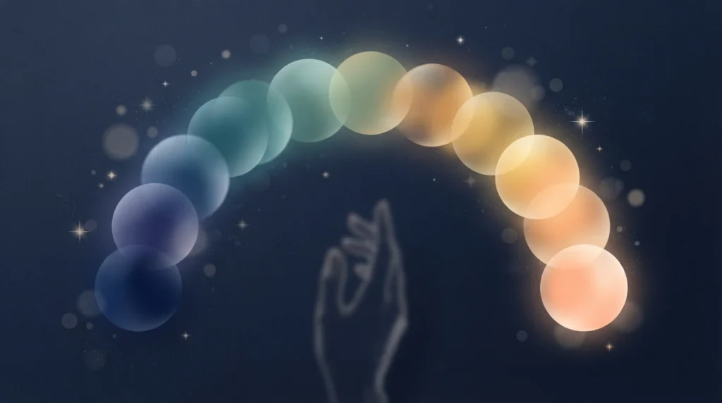 Glowing color orbs arranged in arc showing dream color variations map