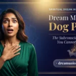 South Asian woman experiencing spiritual clarity about dream meaning dog poop against luminous cosmic blue gold cinematic editorial background.