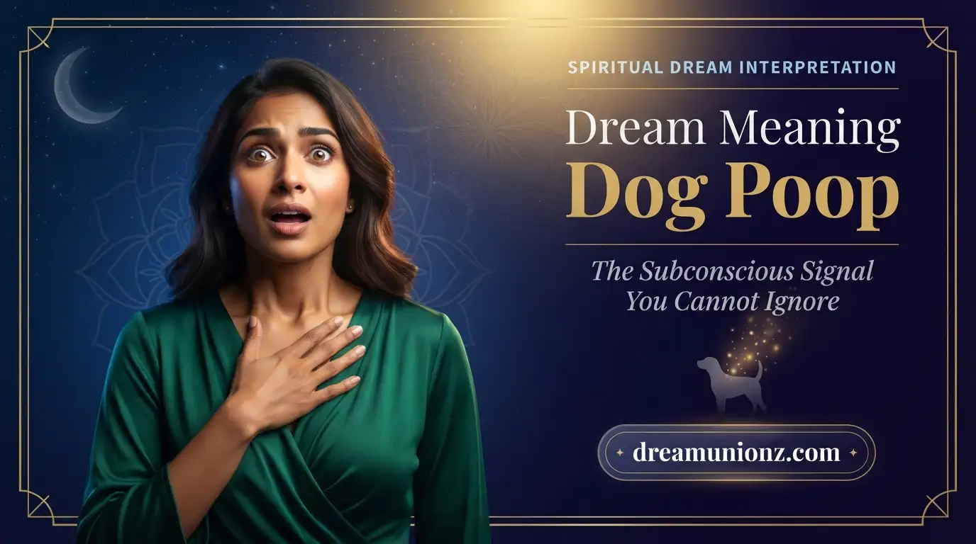 South Asian woman experiencing spiritual clarity about dream meaning dog poop against luminous cosmic blue gold cinematic editorial background.