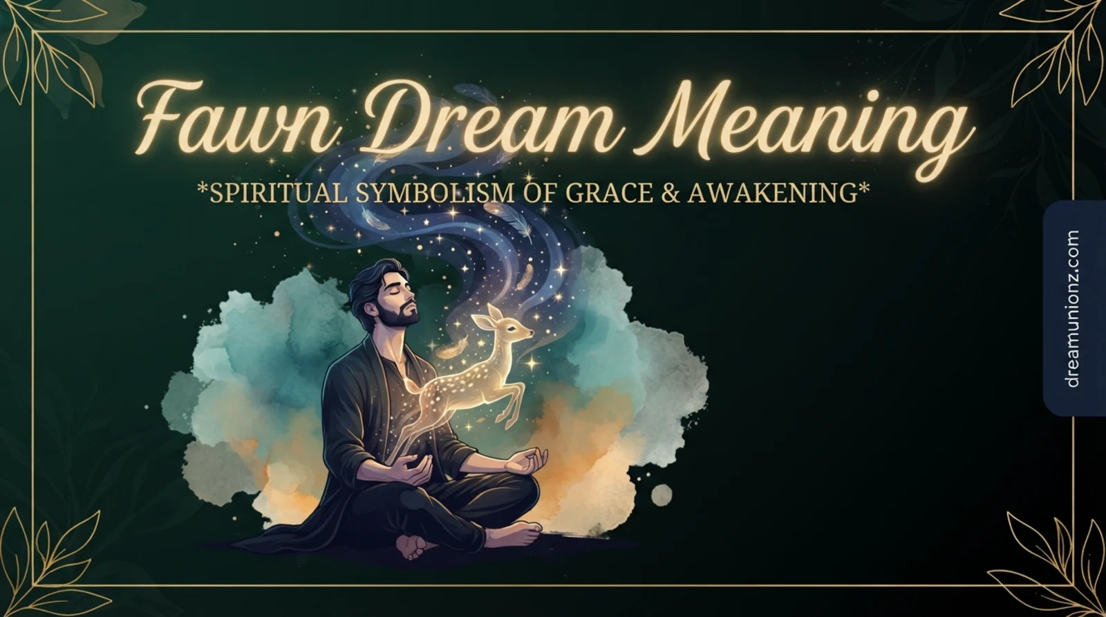 A serene man meditating as a translucent golden fawn ascends from his heart symbolizing fawn dream meaning.