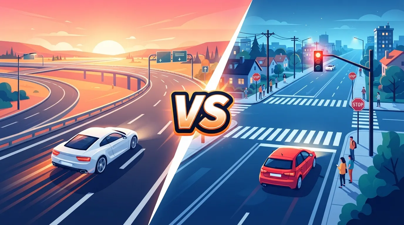 Split illustration comparing highway with stoplight and freeway with speeding car, bold VS divider, sunset background