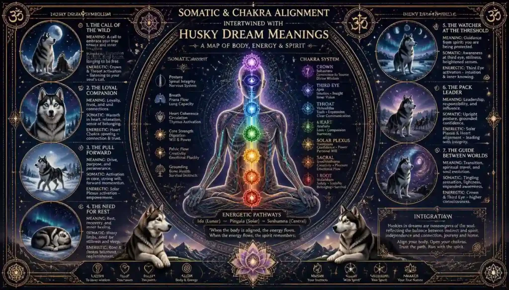 Silhouette meditating with glowing chakra points beside husky dream meaning