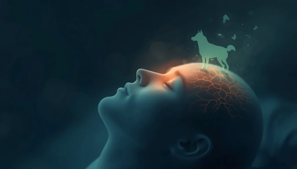 Sleeping brain with glowing neural paths forming husky dream meaning