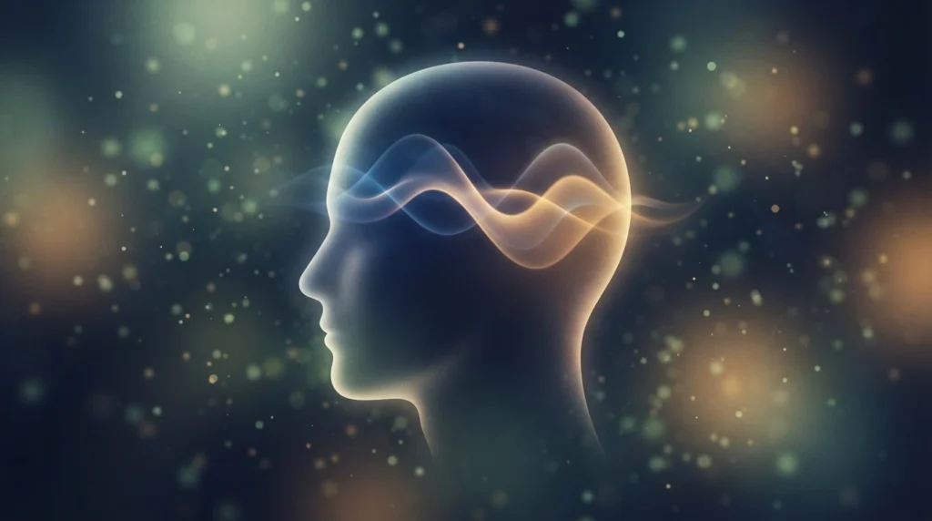 Glowing brain silhouette with light waves depicting neurological REM mechanics