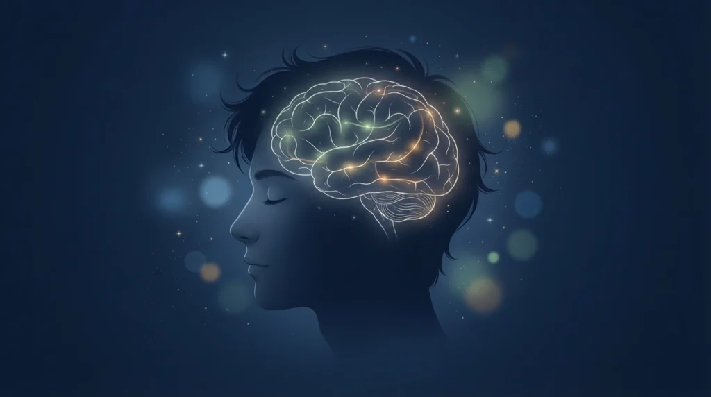Illustrated brain outline representing neurological REM mechanics stage dream