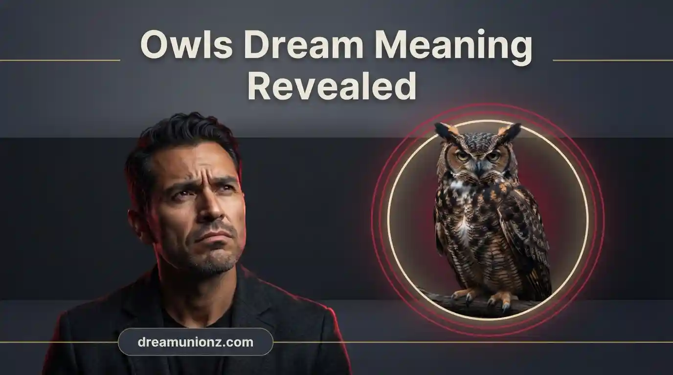 Owls dream meaning revealed beside a man in deep thought inside a crimson mystical circular frame.