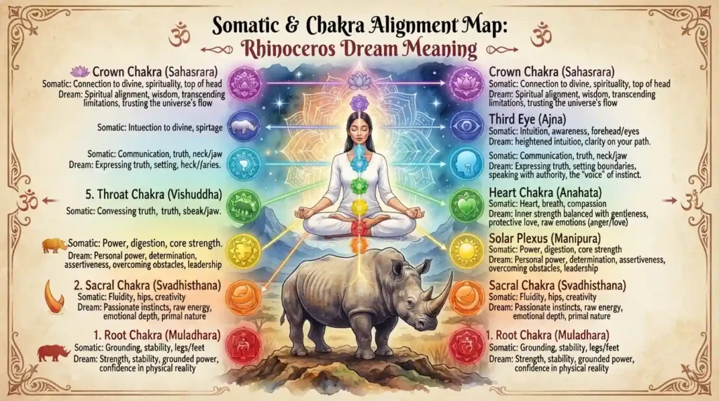 Chakra alignment map linked to rhinoceros dream meaning symbolism