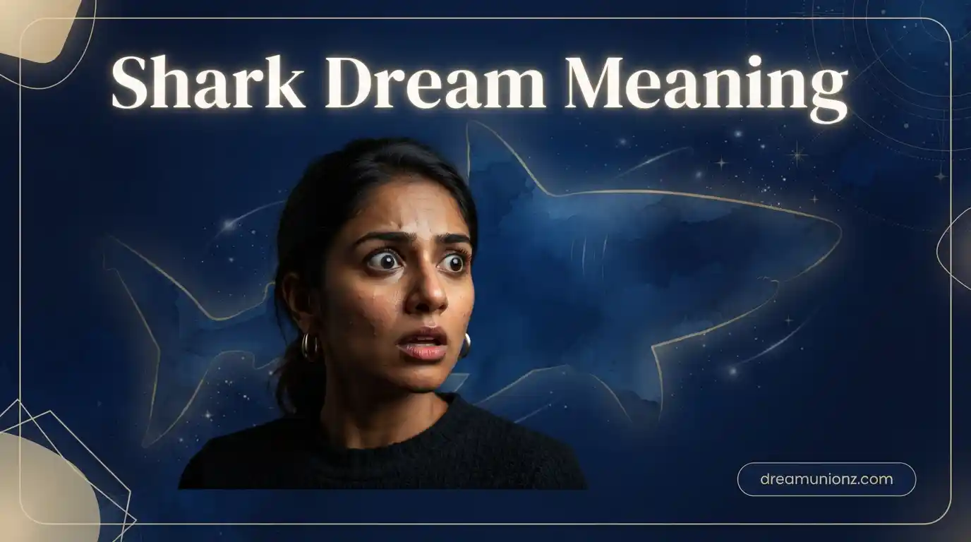 A shocked woman confronts a glowing shark silhouette representing shark dream meaning and hidden fears.