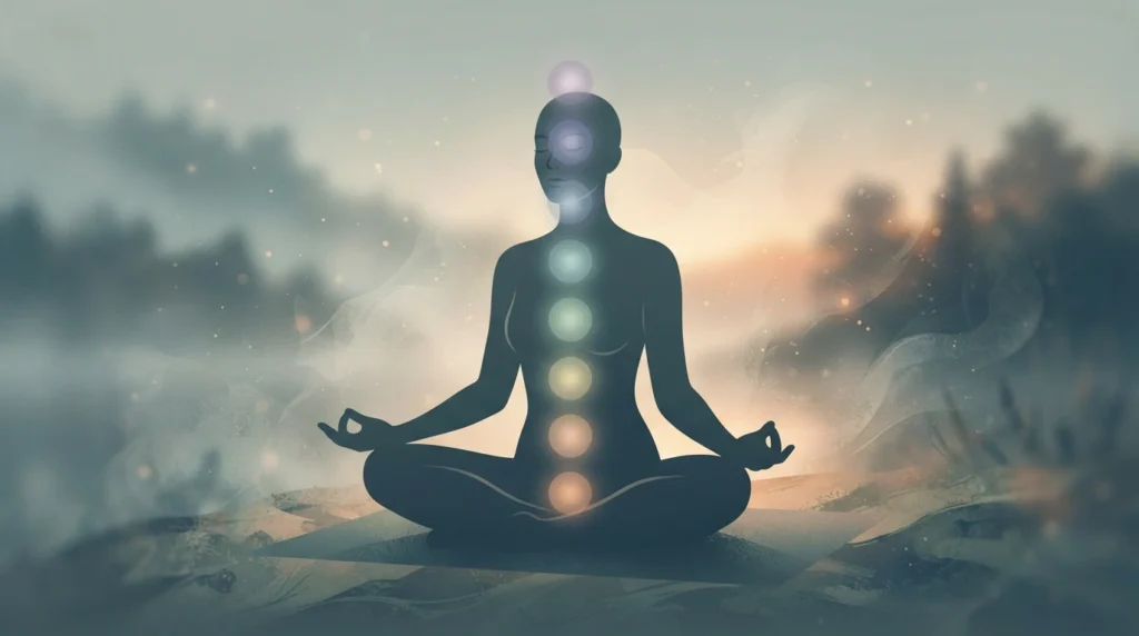 Meditating silhouette with glowing chakra points showing somatic alignment map