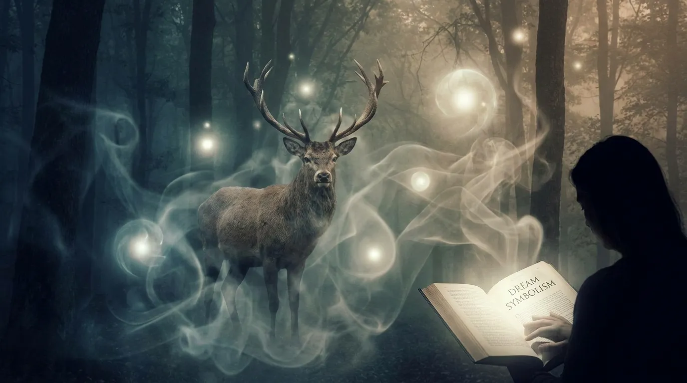 A meditating woman with golden stag in dream meaning spiritual symbolism.