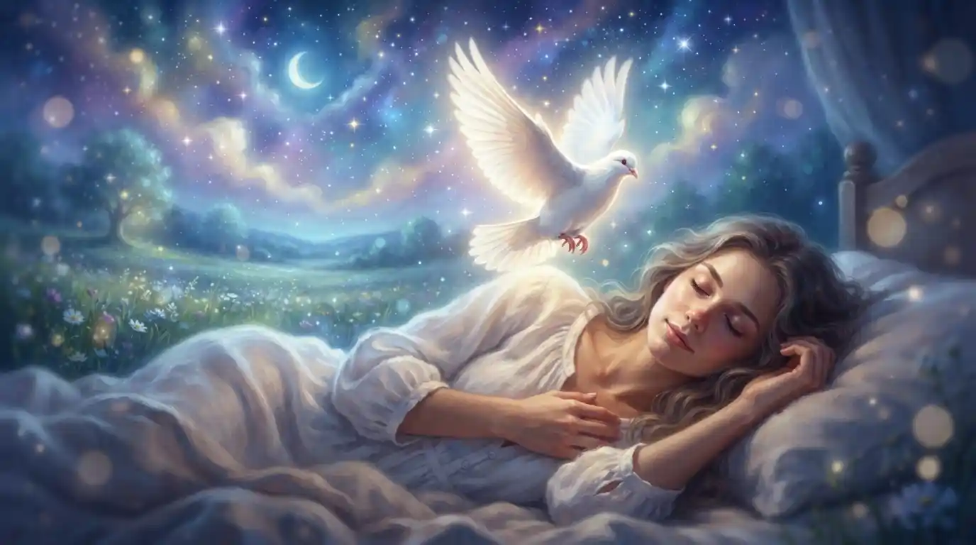A glowing white dove hovering above a sleeping woman in a starry night landscape illustrating the white dove dream meaning.