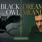 Intensely thinking man beside a perched black owl on bare branch illustrating black owl dream meaning powerfully.
