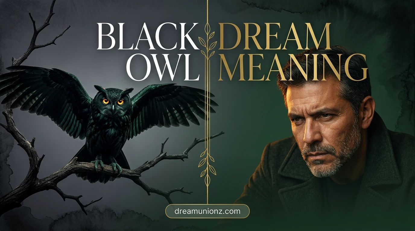 Intensely thinking man beside a perched black owl on bare branch illustrating black owl dream meaning powerfully.