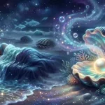 Sleeping woman dreaming of a glowing open clam shell with a pearl, representing clam dream meaning.