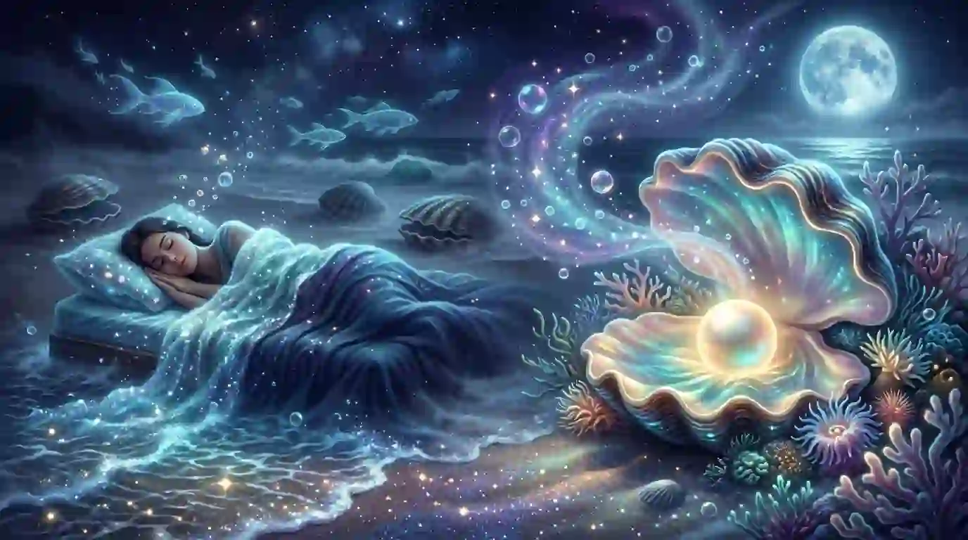 Sleeping woman dreaming of a glowing open clam shell with a pearl, representing clam dream meaning.