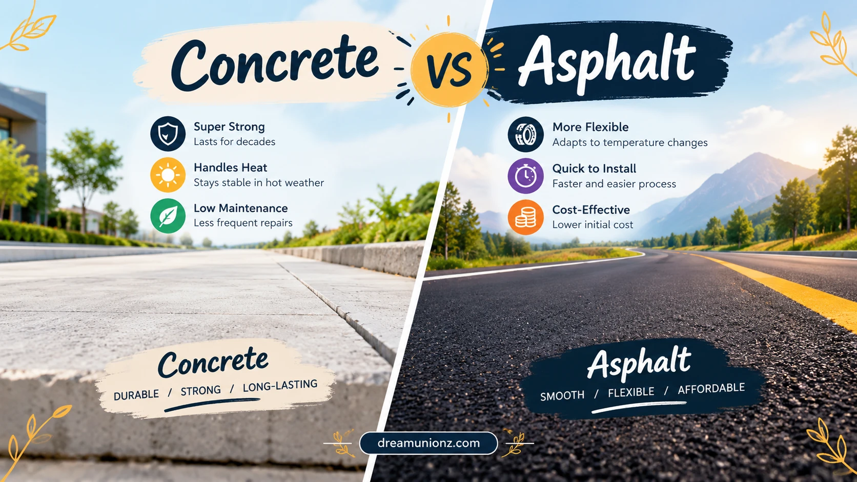 Concrete vs Asphalt comparison showing key differences in roads.