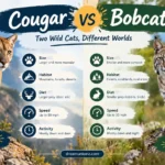 Cougar vs bobcat comparison showing size, habitat, diet, speed, and activity.