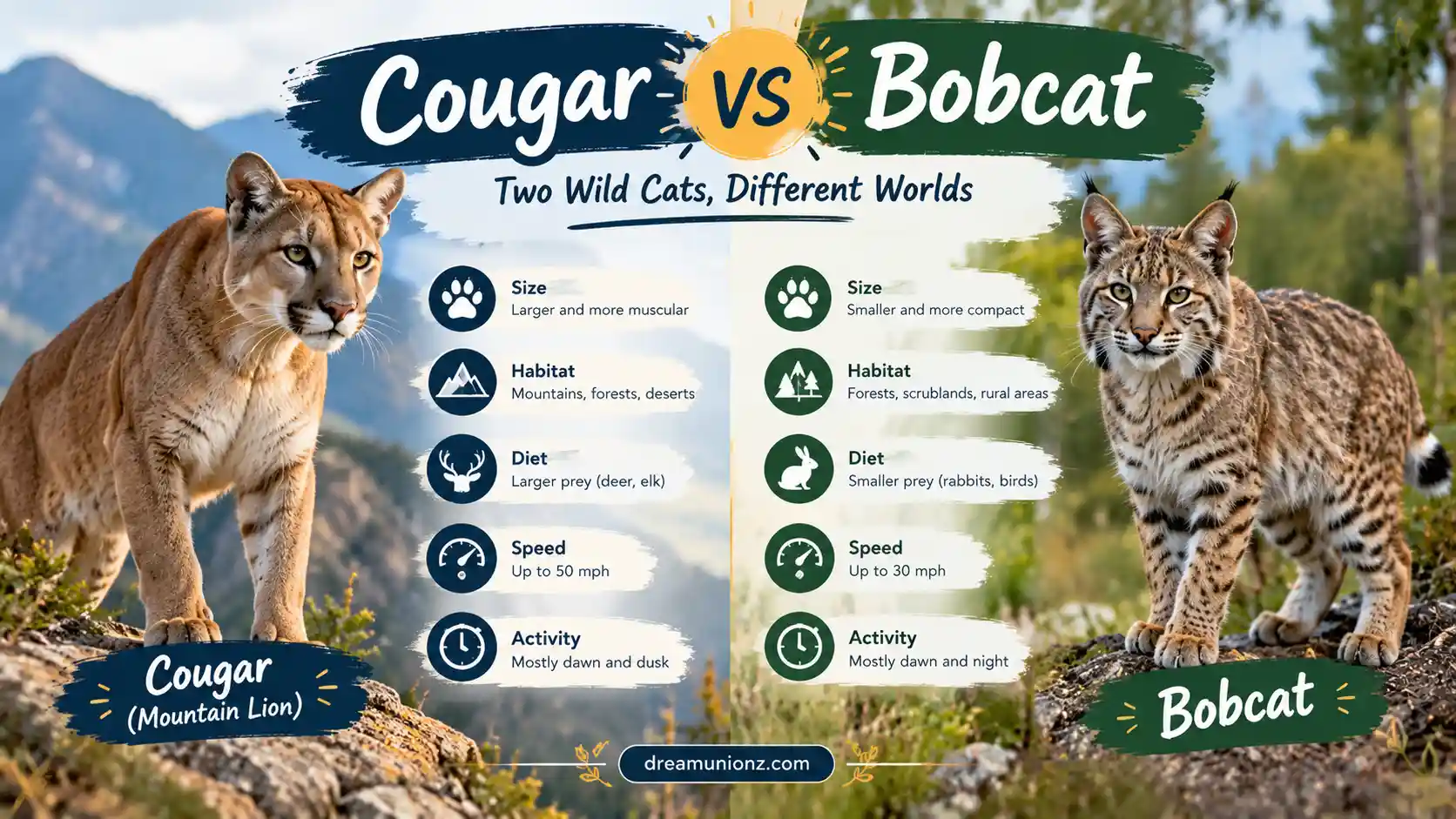 Cougar vs bobcat comparison showing size, habitat, diet, speed, and activity.
