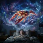 Sleeping man dreaming of a glowing cosmic crawfish, representing deep crawfish dream meaning.