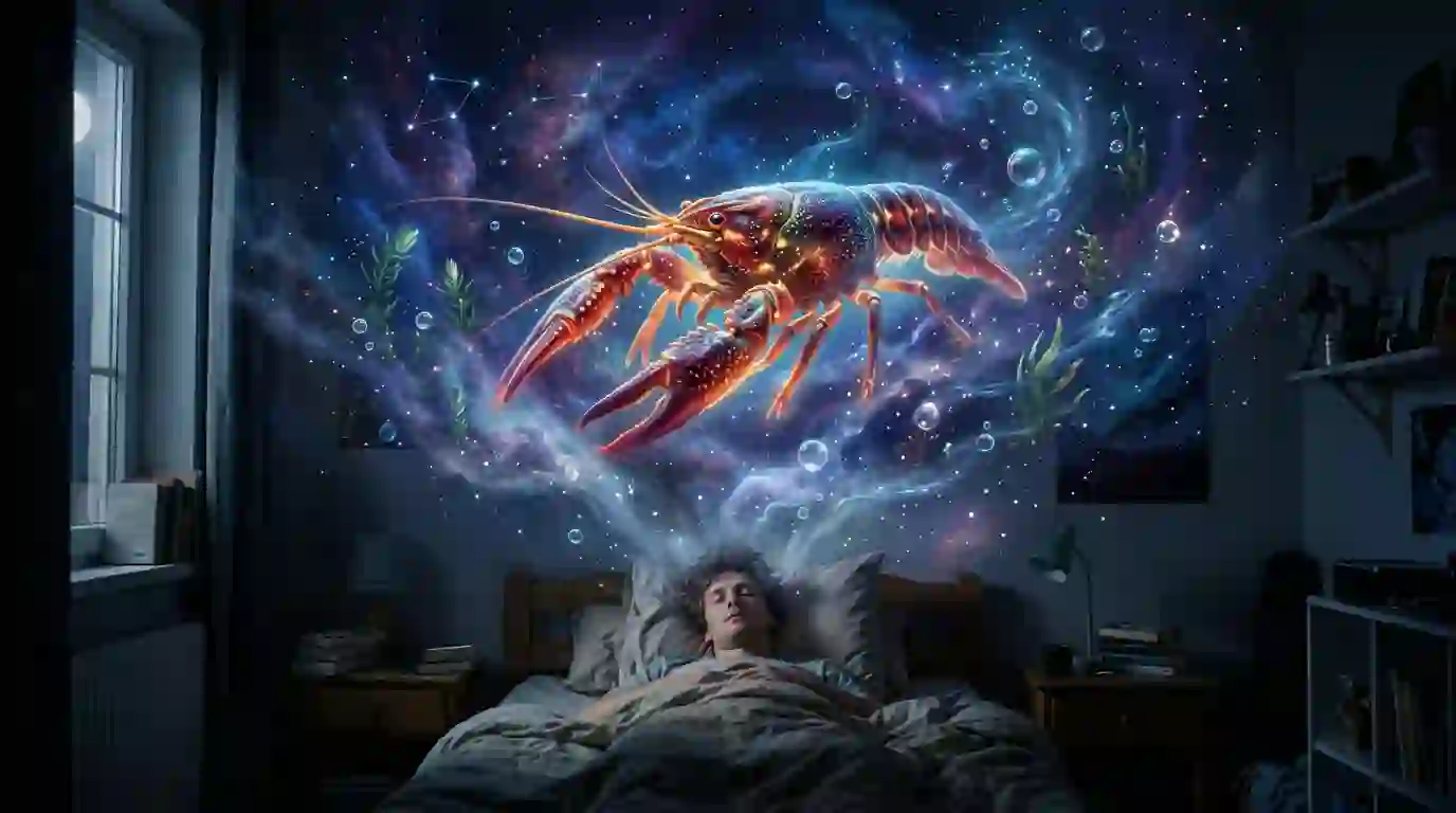 Sleeping man dreaming of a glowing cosmic crawfish, representing deep crawfish dream meaning.