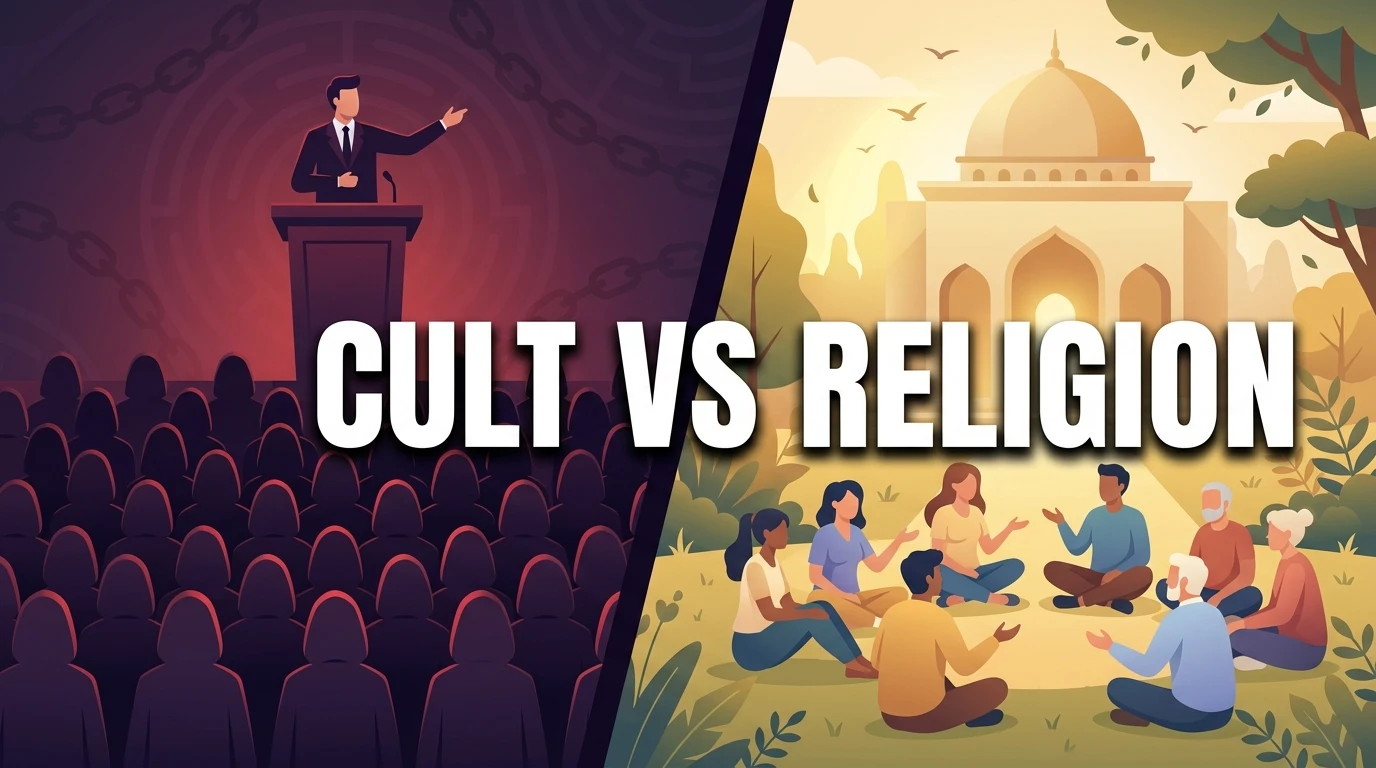 Split illustration comparing cult vs religion, showing an open community on one side and a controlled group around one leader on the other.