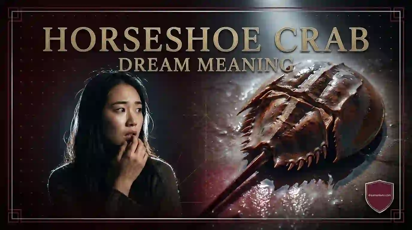 East Asian woman in unsettled fascination beside a massive rust-bronze horseshoe crab capturing horseshoe crab dream meaning.