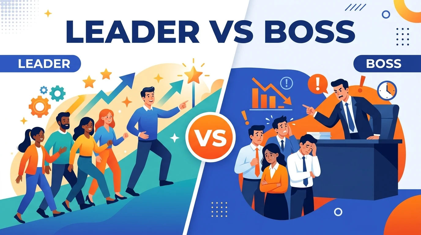 Leader vs boss comparison illustration showing a leader guiding a team and a boss giving orders