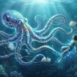 Floating woman reaching toward a glowing underwater creature representing the true octopus dream meaning.