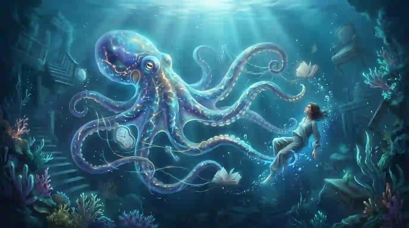 Floating woman reaching toward a glowing underwater creature representing the true octopus dream meaning.