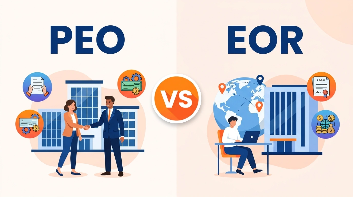 PEO vs EOR comparison illustration showing shared employment and global hiring models