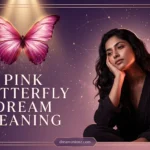 Dreamy woman in soft realization beneath a glowing pink butterfly on violet background embodying pink butterfly dream meaning.