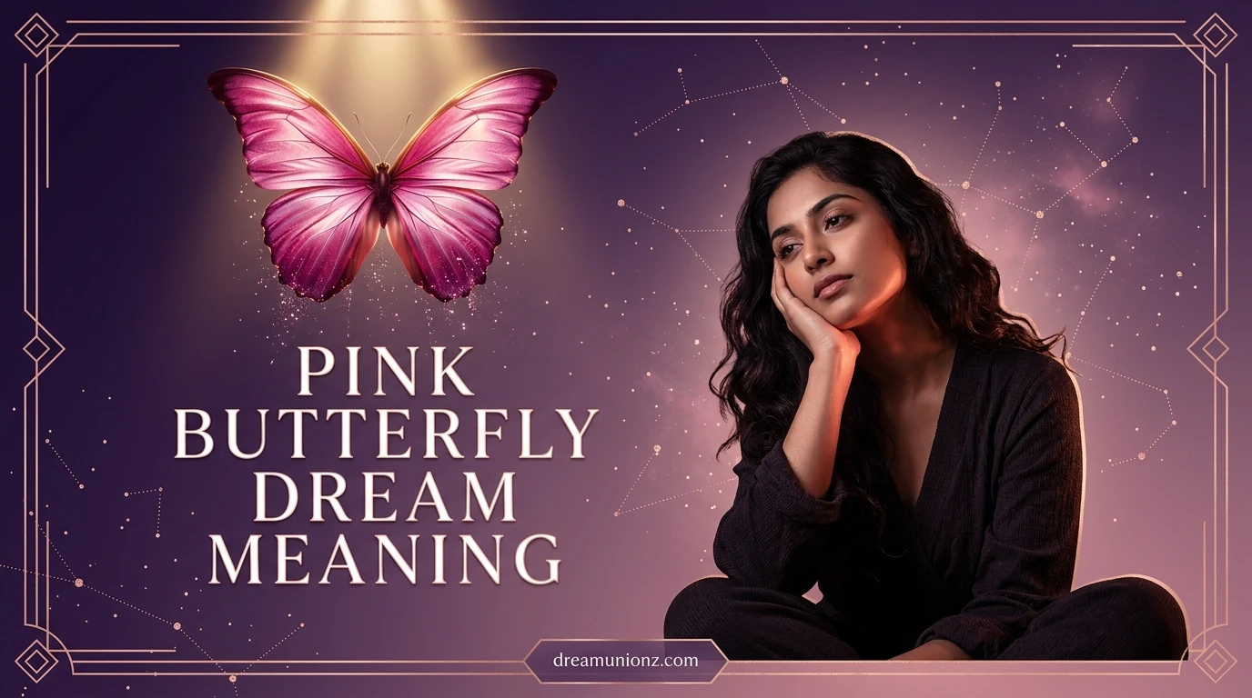 Dreamy woman in soft realization beneath a glowing pink butterfly on violet background embodying pink butterfly dream meaning.