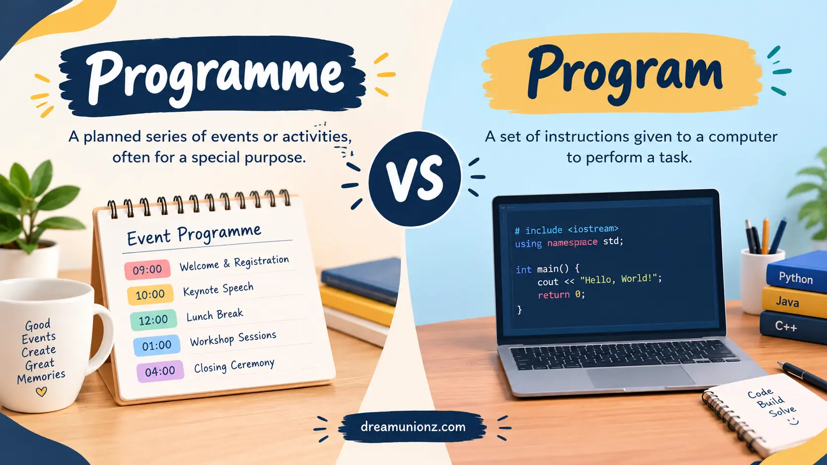 Programme vs Program comparison showing event planning and computer coding.