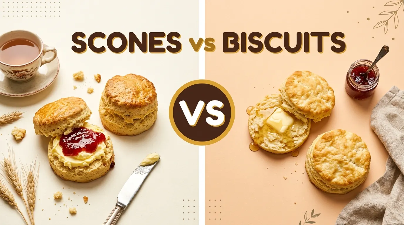 Scones vs biscuits comparison showing British scones with jam and cream next to American biscuits with butter and honey