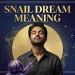 Man in dreamy introspection beneath a golden halo beside a violet snail representing the spiritual snail dream meaning and subconscious patience.