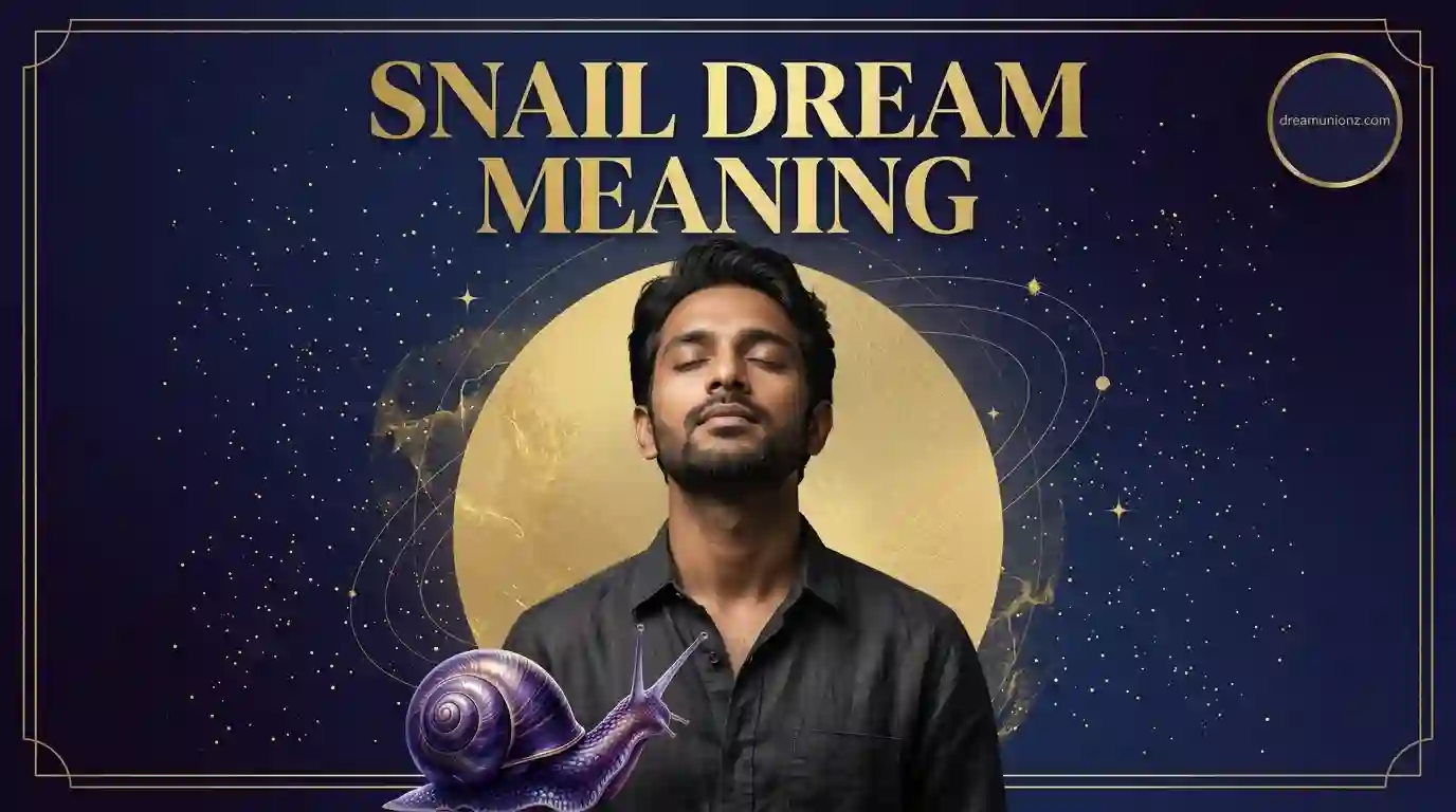 Man in dreamy introspection beneath a golden halo beside a violet snail representing the spiritual snail dream meaning and subconscious patience.
