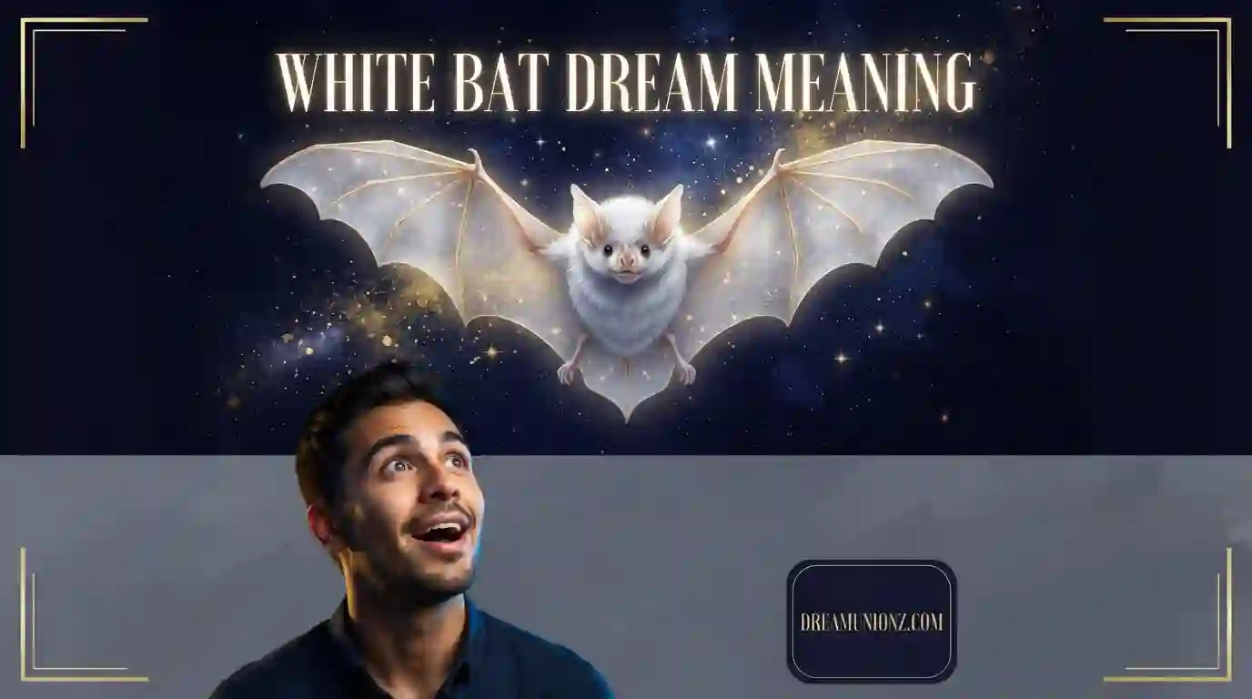 White bat dream meaning captured through a majestic glowing bat above a man's expression of wonder and surprise.